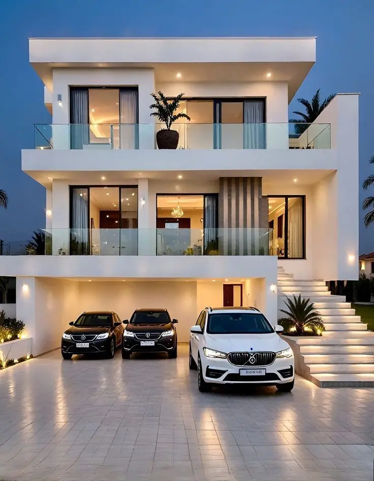 Contemporary Mimshack luxury home with layered balconies and warm evening lighting